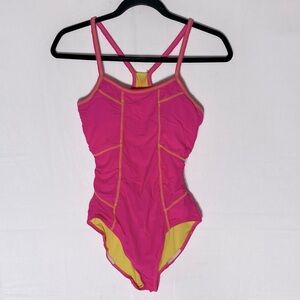 Vintage Joe Boxer Pink One Piece Swimsuit With Yellow Stitching Bathing Suit S
